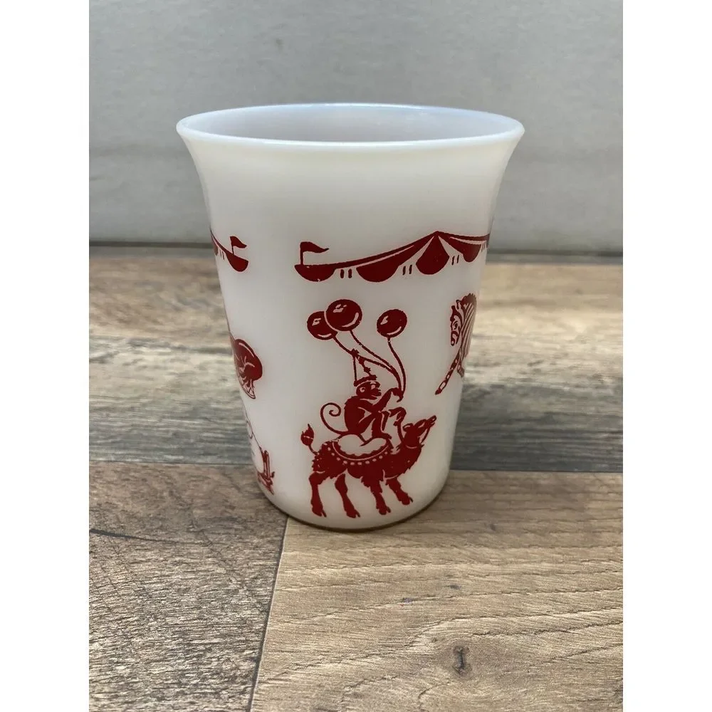 Vintage Hazel Atlas Circus Animals Juice Glass, White‎ Red Milk Glass